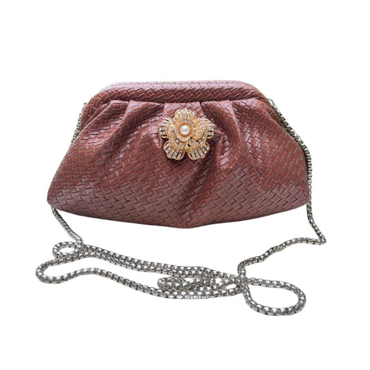 Ruche Pouch Clutch Bag with Pearl Floral Brooch & Chain Strap for Women