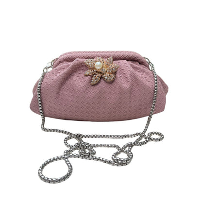 Ruche Pouch Clutch Bag with Pearl Floral Brooch & Chain Strap for Women