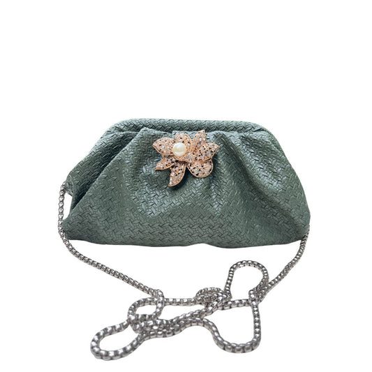Ruche Pouch Clutch Bag with Pearl Floral Brooch & Chain Strap for Women