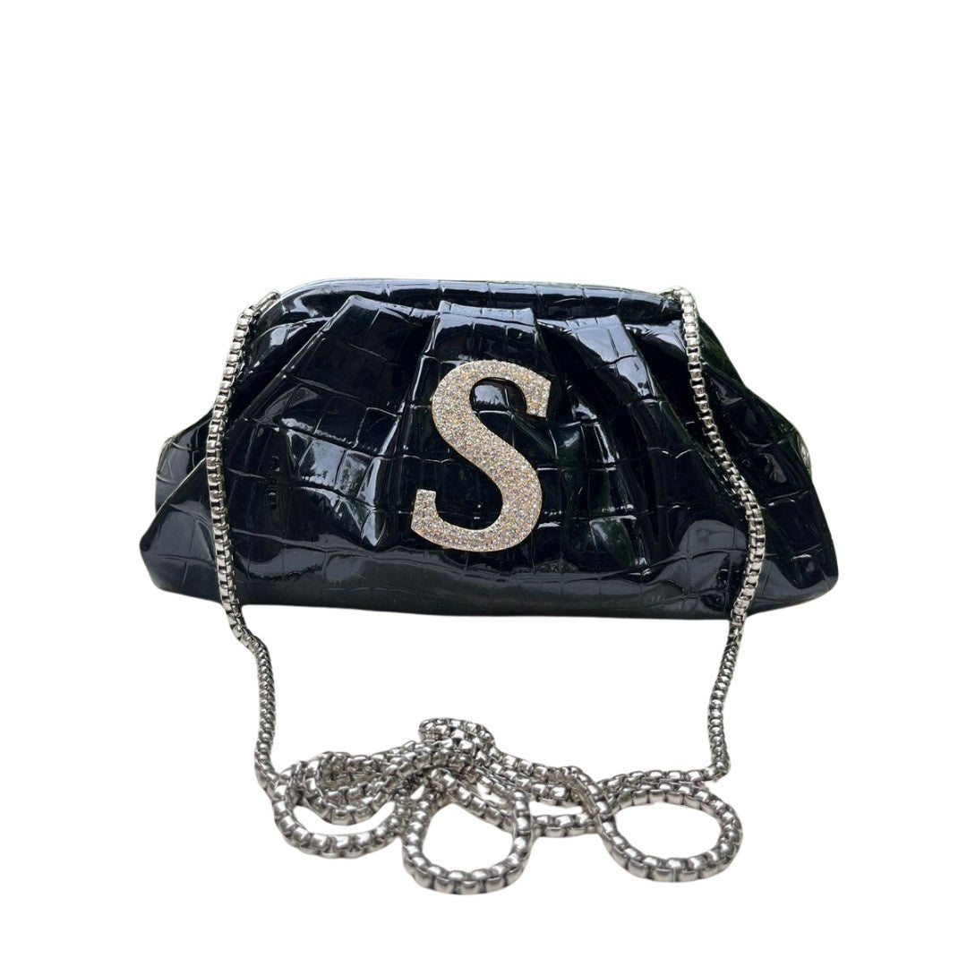 Ruche Pouch Clutch Bag with Name Initial & Chain Strap for Women