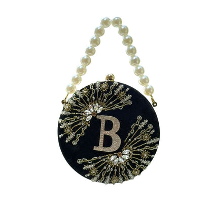 Customize Velvet Clutch Bag with Pearl Handle & Rhinestone Initial