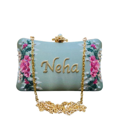 Customised Embroidered Name Clutch Bag – Personalized Floral Purse with Chain