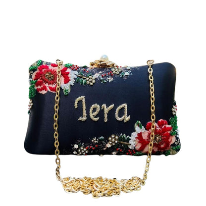 Customised Embroidered Name Clutch Bag – Personalized Floral Purse with Chain