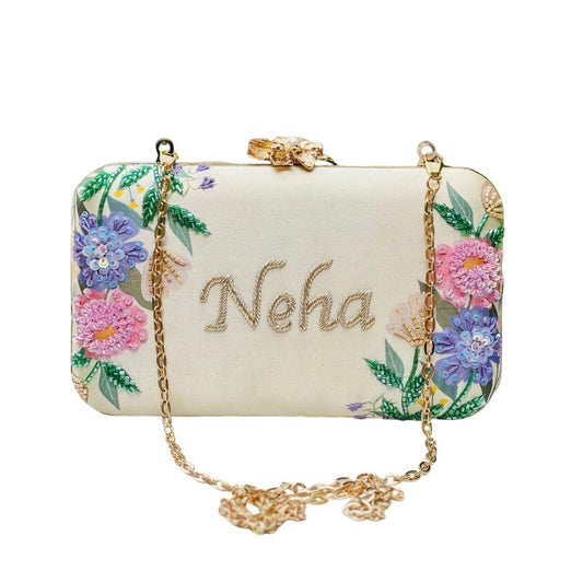 Embroidered Custom Name Clutch Purse – Handmade Floral Design Bag for Girls & Women
