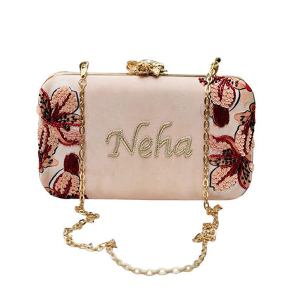 Customised Embroidered Name Clutch Bag – Personalized Floral Purse with Chain