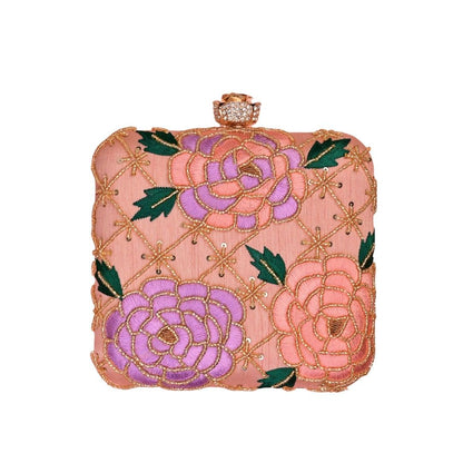 Designer Peach Floral Embroidered Box Clutch Bag