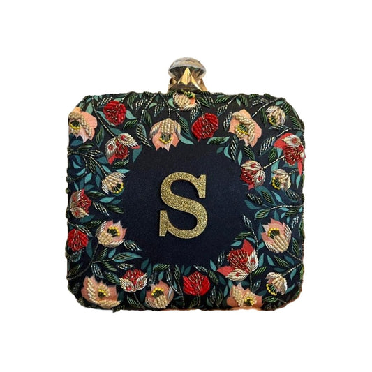 Customised Floral Embroidered Monogram Clutch Bag – Personalised Initial | Rakhi Gift for Sister