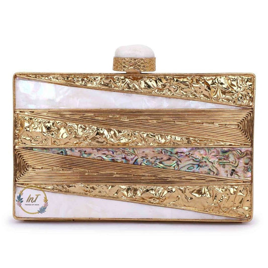 Brass Embellished Mother of Pearl Party Clutch Bag for Women