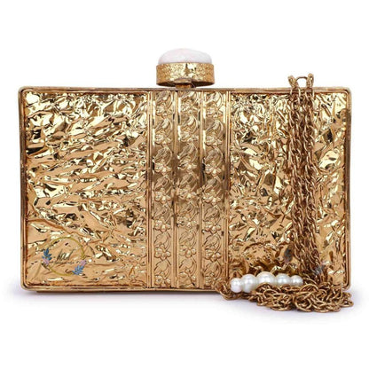 Brass Embellished Mother of Pearl Party Clutch Bag for Women