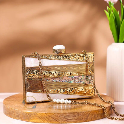 Brass Embellished Mother of Pearl Party Clutch Bag for Women