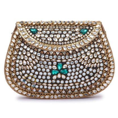 Kundan Golden Green Brass Clutch