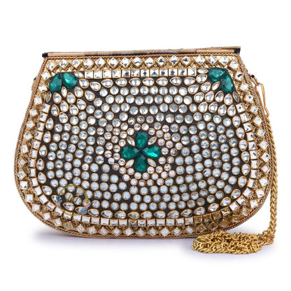 Kundan Golden Green Brass Clutch