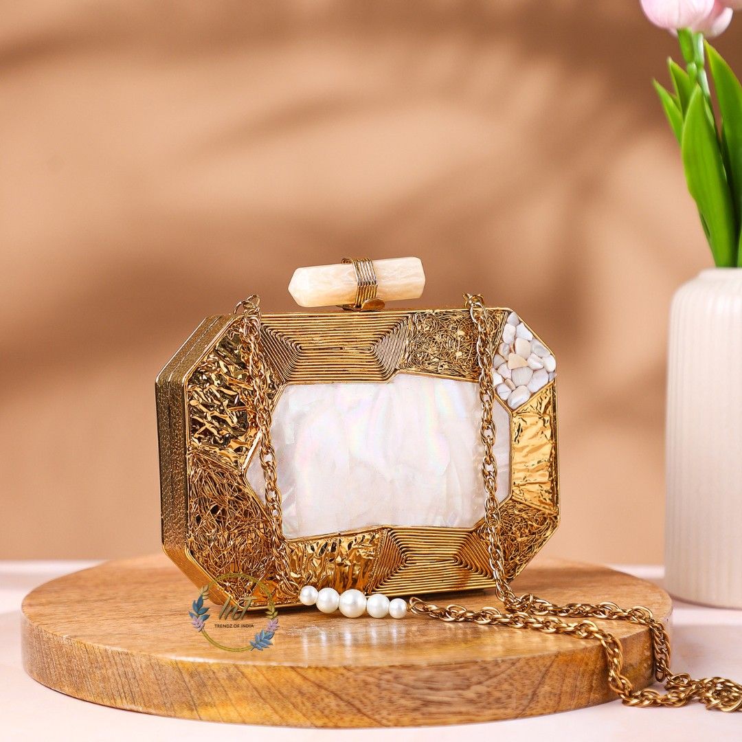 Brass Embellished Mother of Pearl Party Clutch Bag for Women