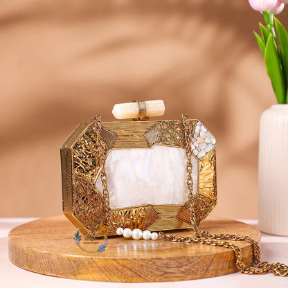 Brass Embellished Mother of Pearl Party Clutch Bag for Women