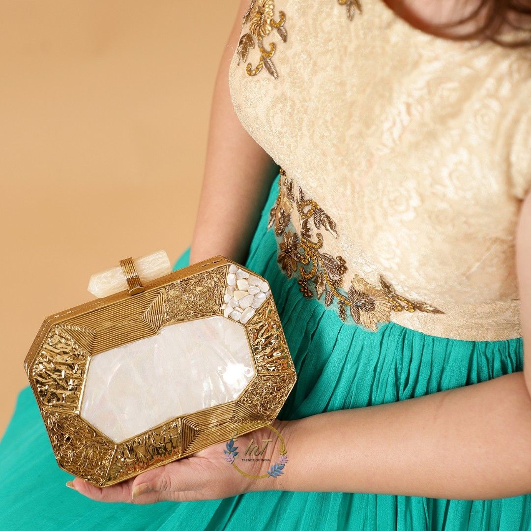Brass Embellished Mother of Pearl Party Clutch Bag for Women