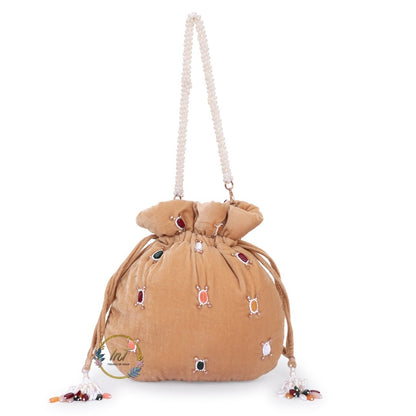 Golden Embroidered Velvet Potli Bag for Party & Traditional Wear