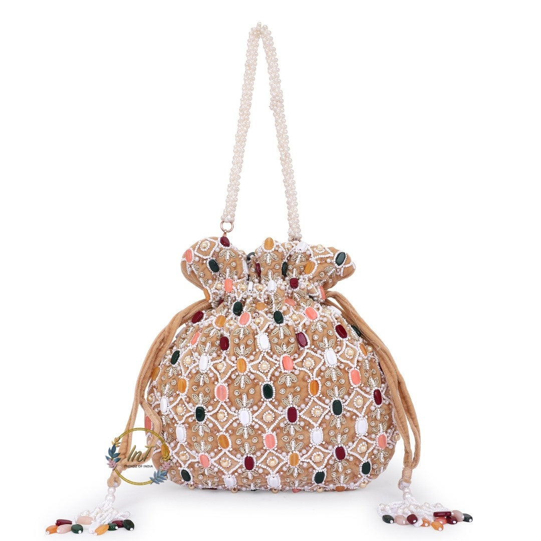 Golden Embroidered Velvet Potli Bag for Party & Traditional Wear