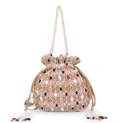 Golden Embroidered Velvet Potli Bag for Party & Traditional Wear