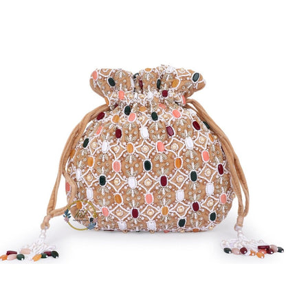 Golden Embroidered Velvet Potli Bag for Party & Traditional Wear