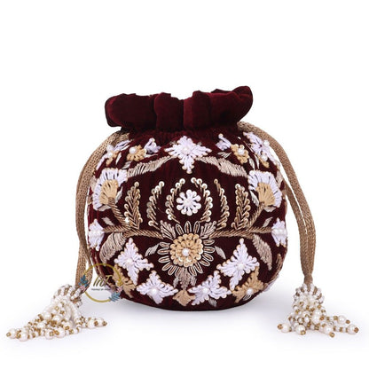 Designer Velvet Maroon Embroidery Wedding Potli Bag