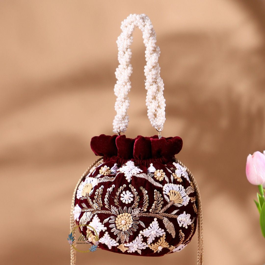 Designer Velvet Maroon Embroidery Wedding Potli Bag