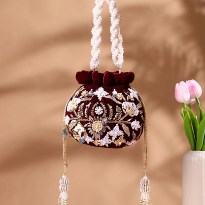 Designer Velvet Maroon Embroidery Wedding Potli Bag
