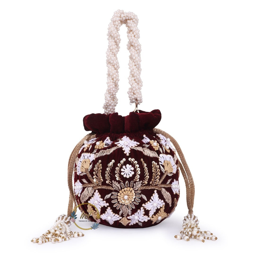 Designer Velvet Maroon Embroidery Wedding Potli Bag