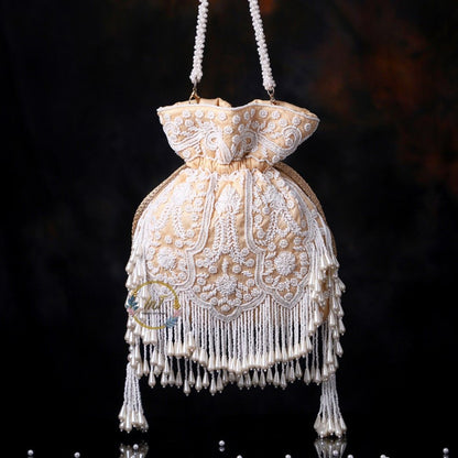 Golden Pearl Embroidery Potli Bag for Women