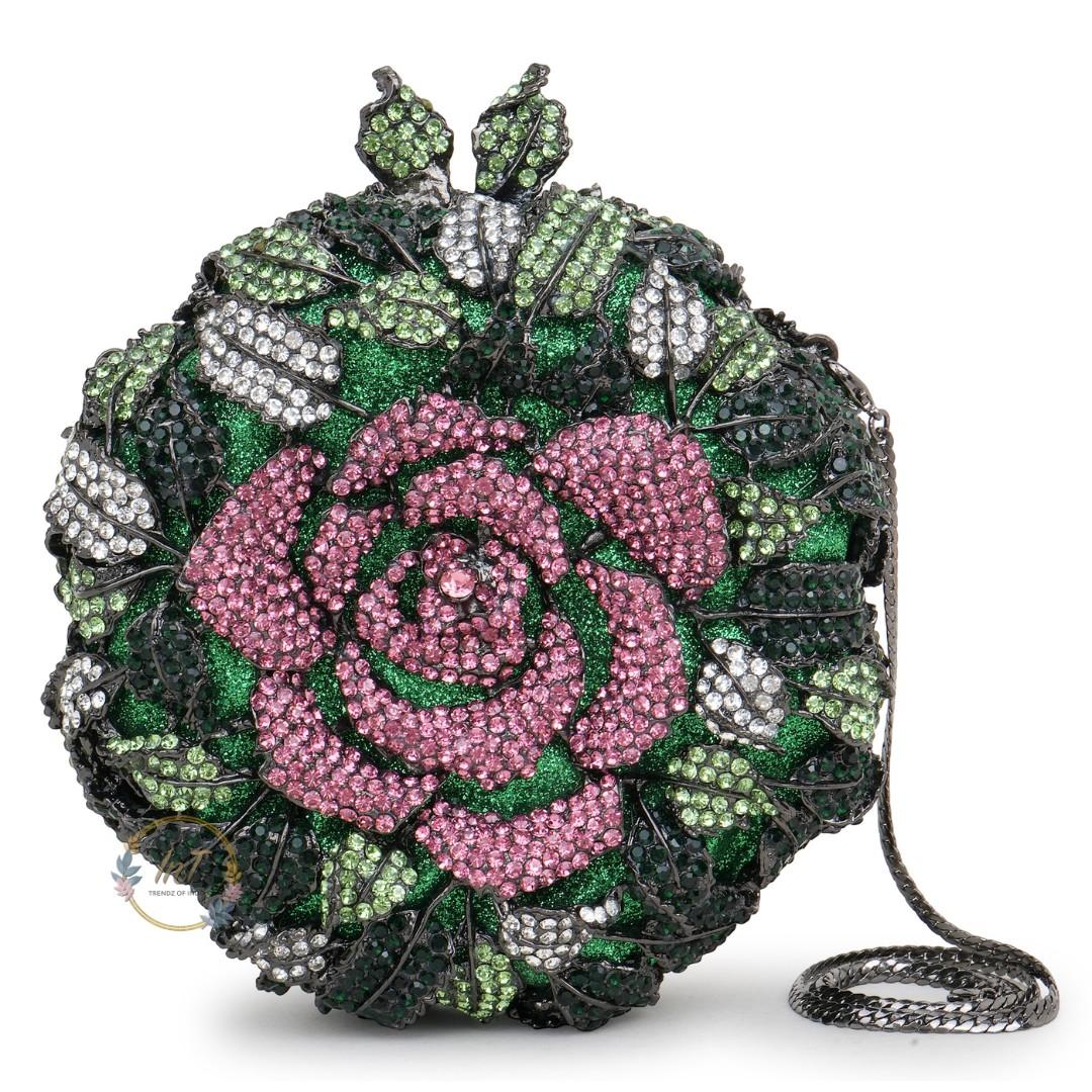Pink Green Rose Crystal Rhinestone Evening Party Clutch Bag