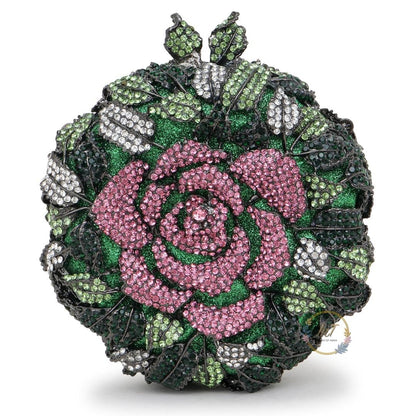 Pink Green Rose Crystal Rhinestone Evening Party Clutch Bag