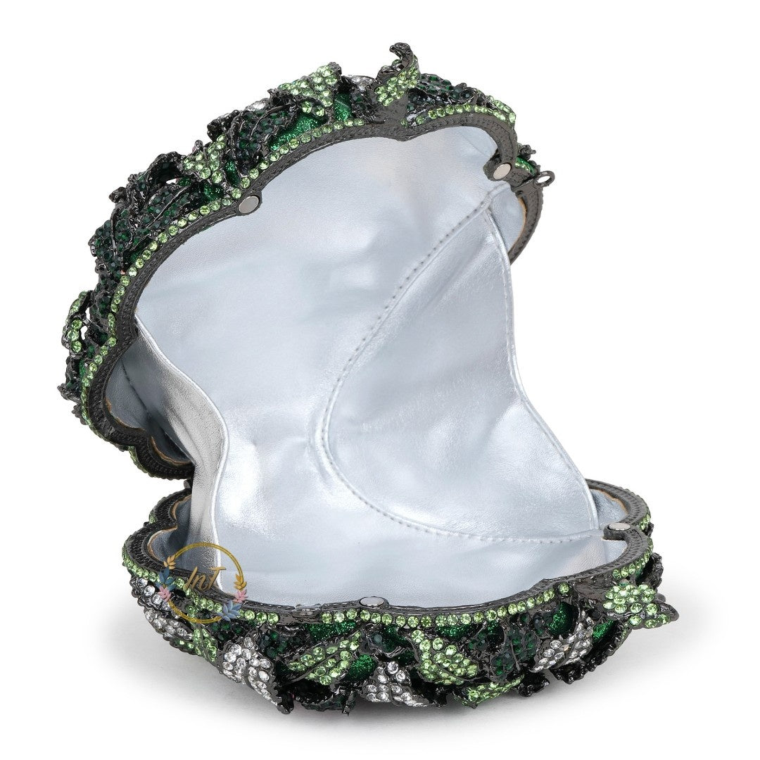 Pink Green Rose Crystal Rhinestone Evening Party Clutch Bag