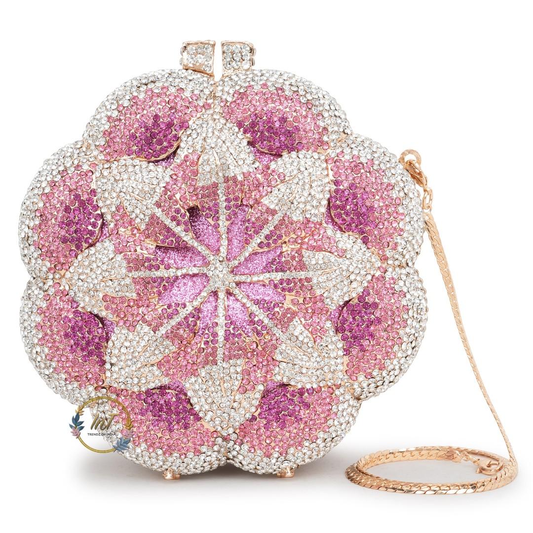 Pink Rose Crystal Rhinestone Party Clutch Bag