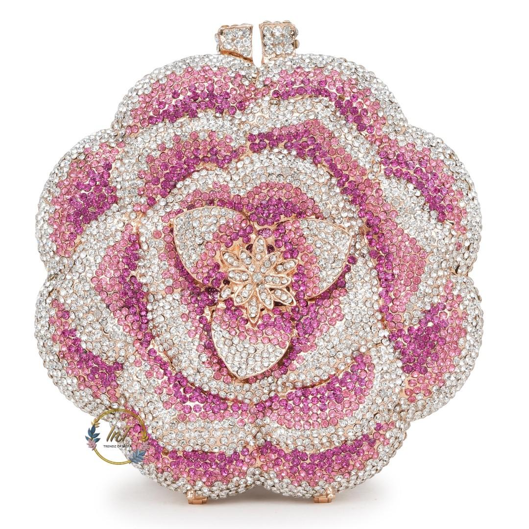 Pink Rose Crystal Rhinestone Party Clutch Bag