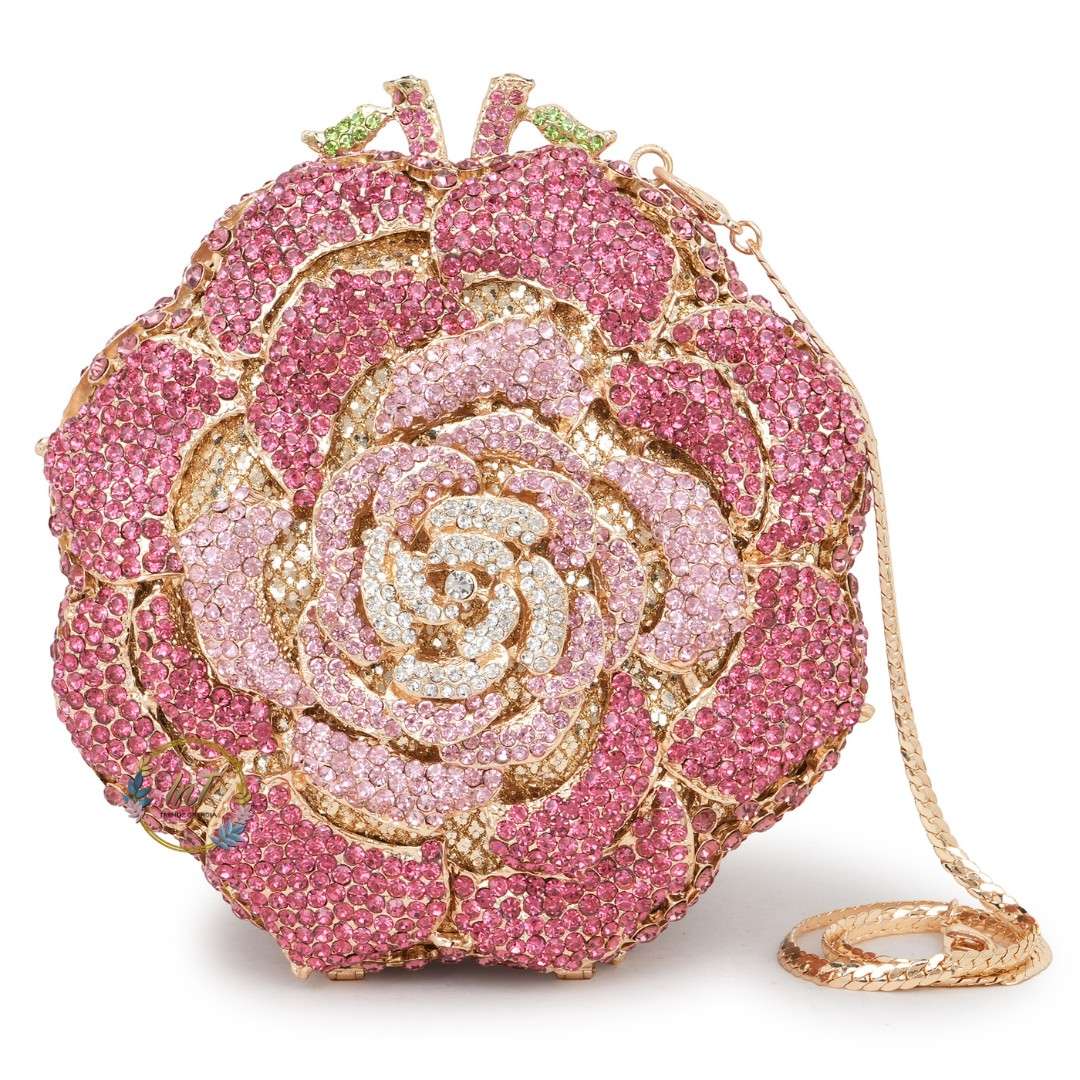 Pink Rose Crystal Rhinestone Party Clutch Bag