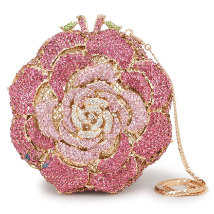 Pink Rose Crystal Rhinestone Party Clutch Bag