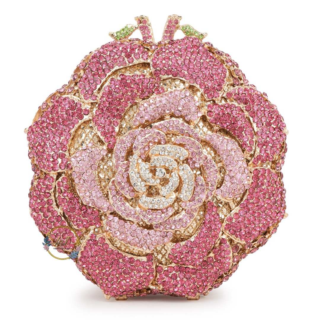 Pink Rose Crystal Rhinestone Party Clutch Bag