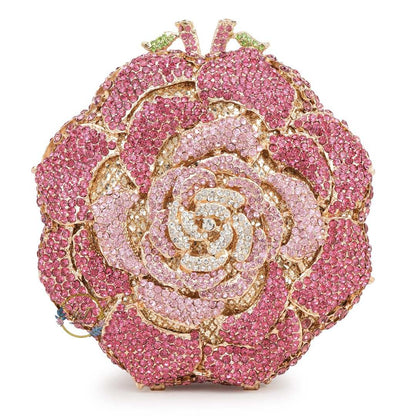 Pink Rose Crystal Rhinestone Party Clutch Bag