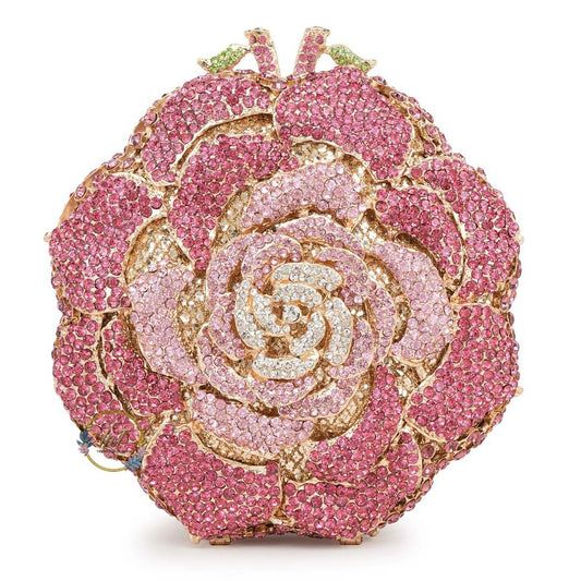 Pink Rose Crystal Rhinestone Party Clutch Bag