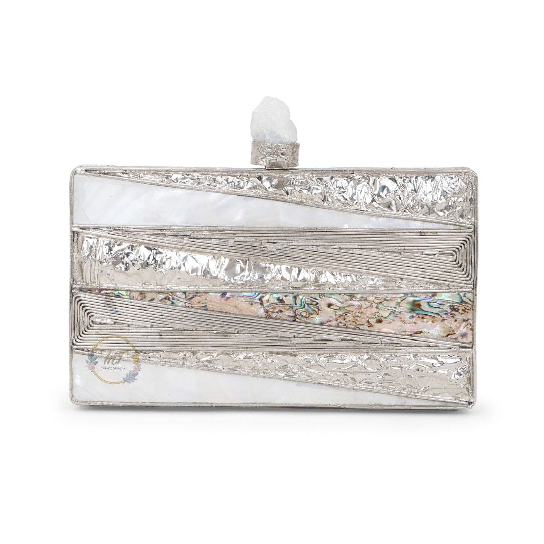Brass Embellished Mother of Pearl Party Clutch Bag for Women
