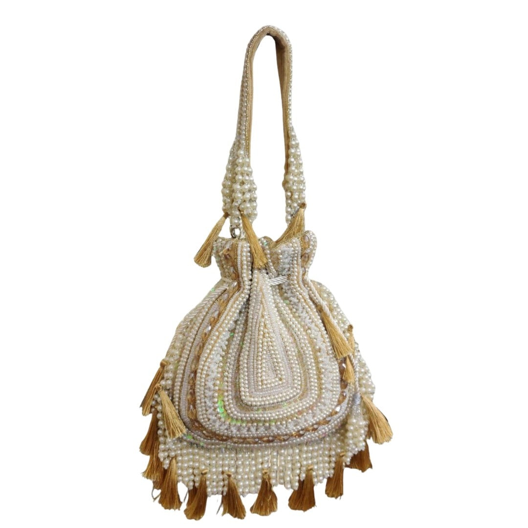 Golden Bead Tassel Potli Bag for Evening Party