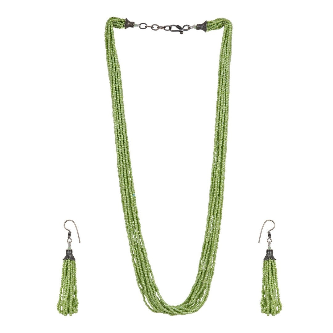 Light Green Beaded Necklace Set with Tassel Earrings for Women