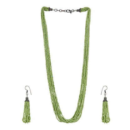 Light Green Beaded Necklace Set with Tassel Earrings for Women