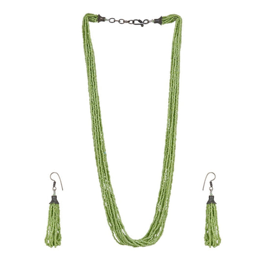Light Green Beaded Necklace Set with Tassel Earrings for Women