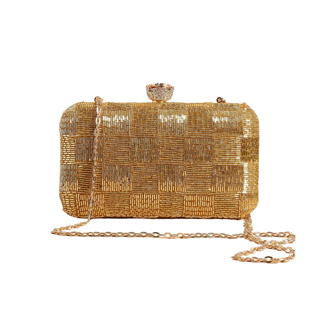 Golden Bead Embroidery Party Clutch Bag for Women