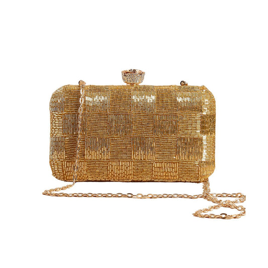 Golden Bead Embroidery Party Clutch Bag for Women