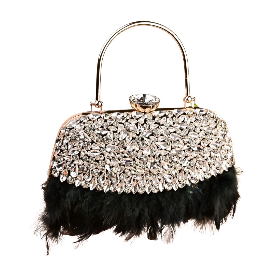 Feather Black Crystal Embellished Clutches for Woman