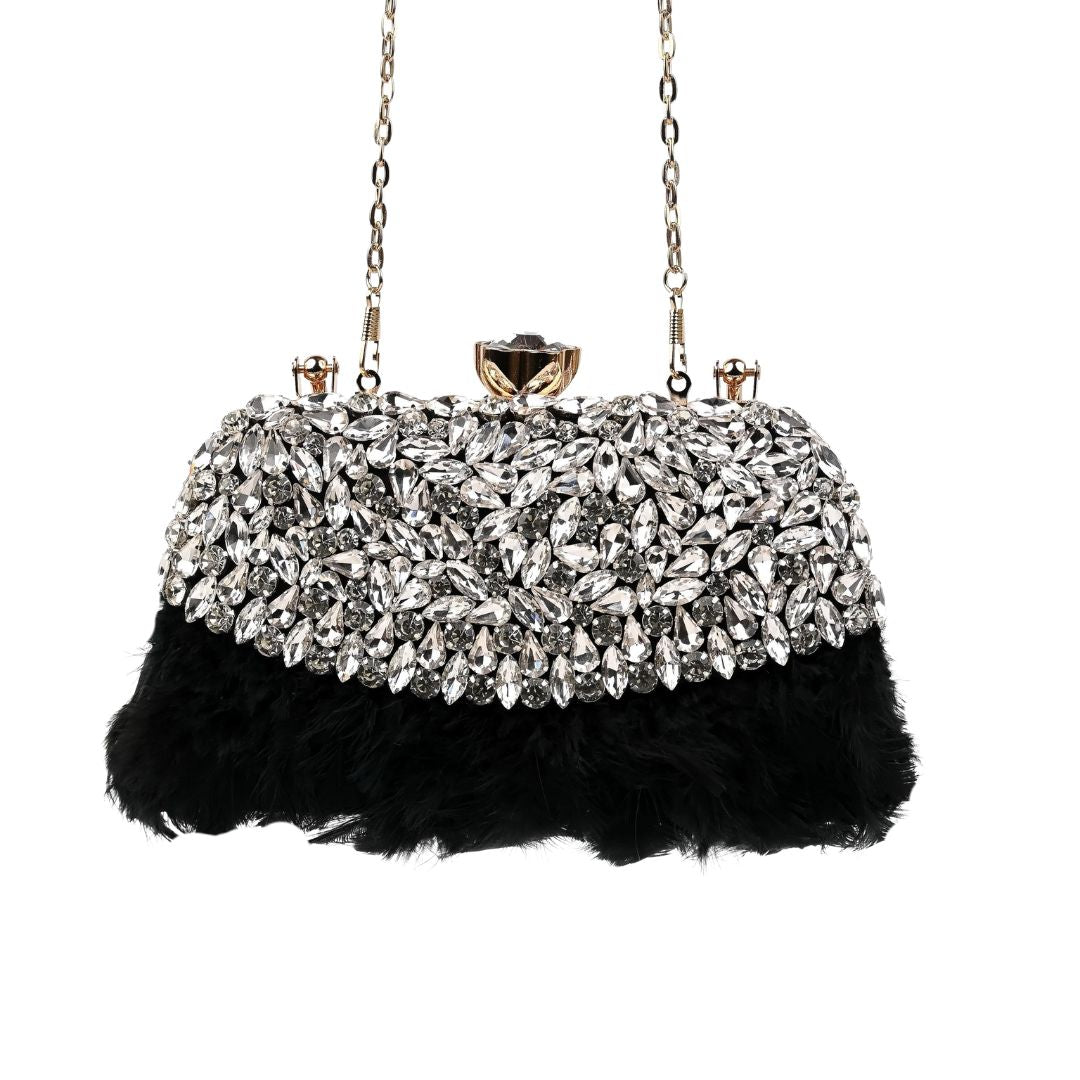Feather Black Crystal Embellished Clutches for Woman