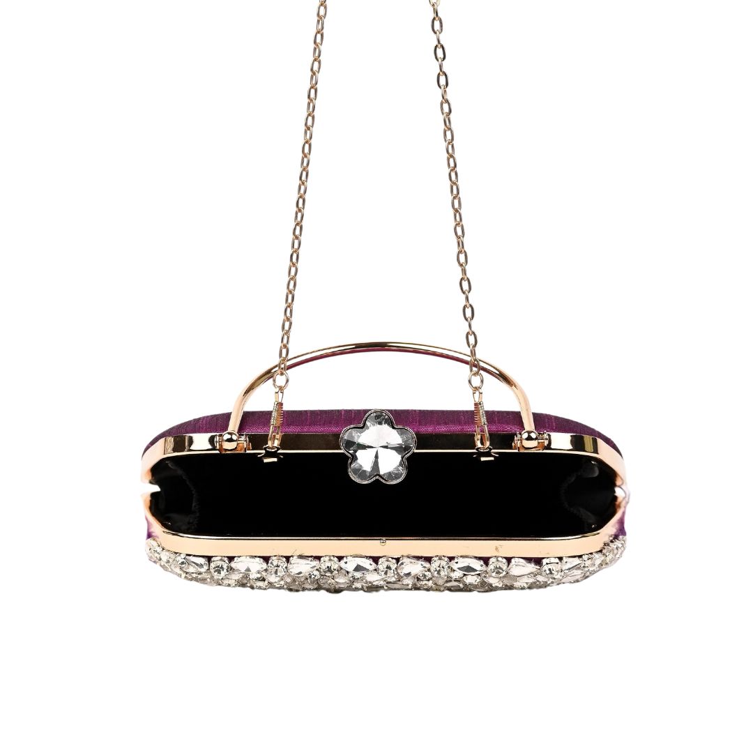 Feather Purple Crystal Embellished Party Clutch Bag