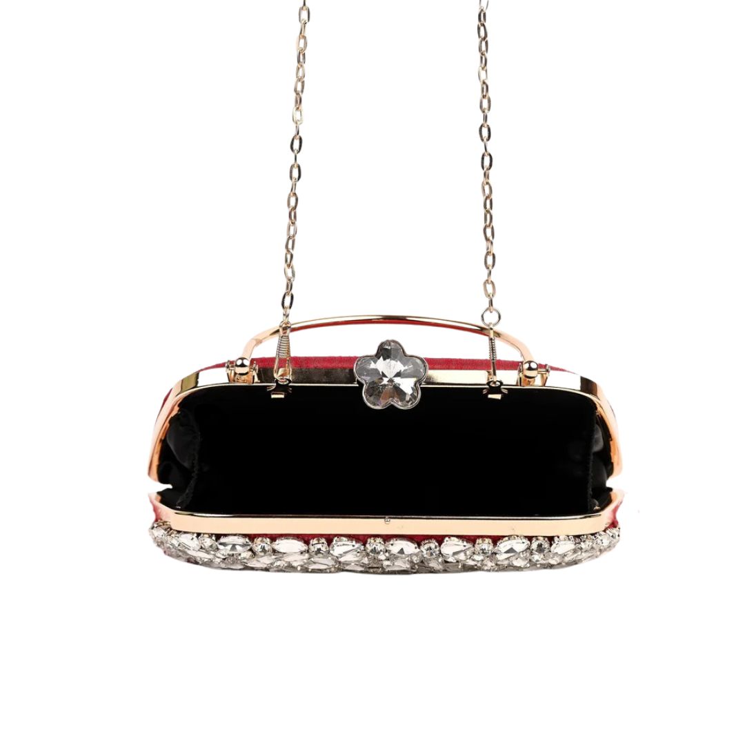 Feather Red Crystal Embellished Woman Clutch Bag