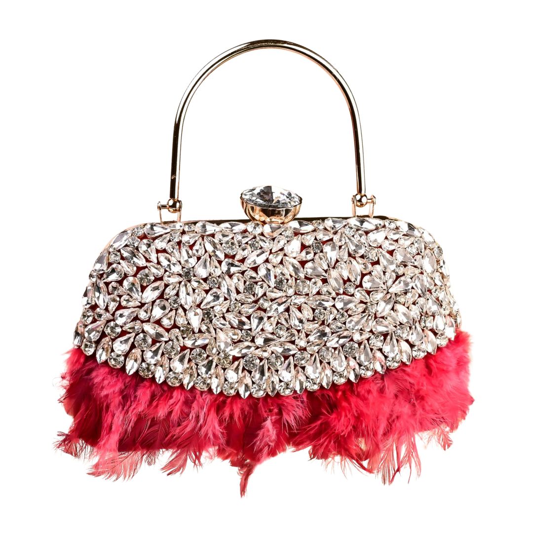 Feather Red Crystal Embellished Woman Clutch Bag